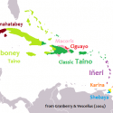 The map shows which Languages of the Caribbean can be found including the language of the Taino and words from their language that made their way into the Spanish language.