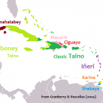 The map shows which Languages of the Caribbean can be found including the language of the Taino and words from their language that made their way into the Spanish language.