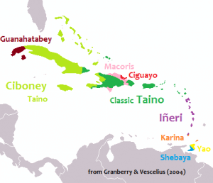 The map shows which Languages of the Caribbean can be found including the language of the Taino and words from their language that made their way into the Spanish language.