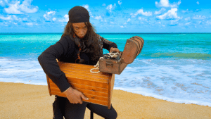 IIC Marketing Assistant Berenice Franco at IIC Spanish School in Santo Domingo transforms into a pirate on a beautiful Caribbean beach.