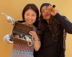 Pirates Minako and Berenice at IIC Spanish School in Santo Domingo posing for one of the most famous movie series filmed in the Dominican Republic, Pirates of the Caribbean with Johnny Depp and Orlando Bloom and Keira Knightley